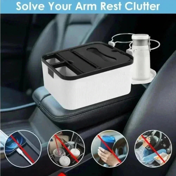 Car Armrest Storage Box with 2 Folding Cup Tissue Holders Multifunctional NEW - Picture 1 of 16